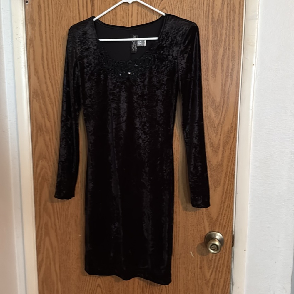 Vintage 90s All That Jazz Bodycon Velvet Applique Embroidery Black Dress Sz M